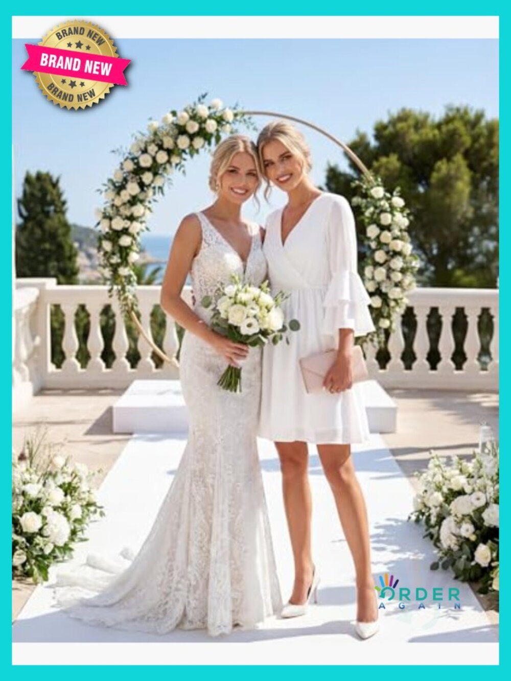 3/4 Ruffle Sleeve Flowy Chiffon A-Line Dress V-Neck Wrap Midi Dress - Picture 2 of 7